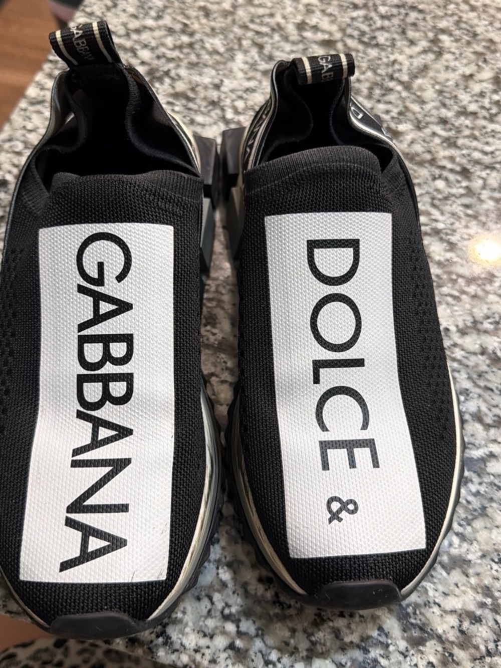 Dolce & Gabbana Black & White Logo Slip-On Knit Sneakers